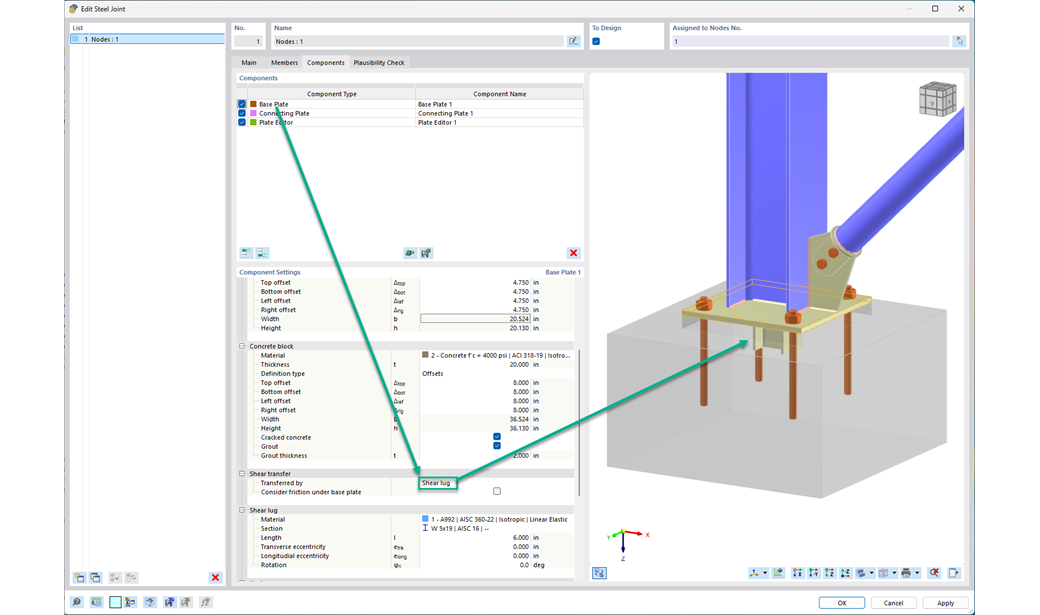 Transmisión de cortante desde una placa base a un bloque de hormigón por medio de una llave de cortante.