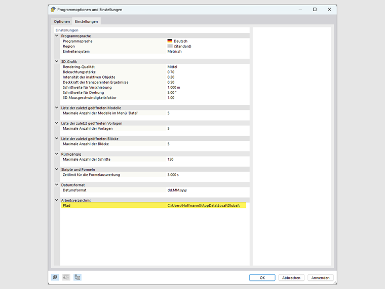 005379 FAQ | ¿Dónde encuentro el directorio de trabajo de RFEM 6, RSTAB 9 y RSECTION 1?