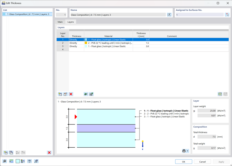 Representación visual del proceso de definición de capas para estructuras de vidrio en RFEM 6.