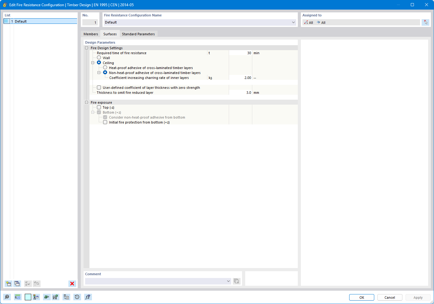 Configuración de análisis de incendio con definición de duración y asignación de componentes de pared o losa.