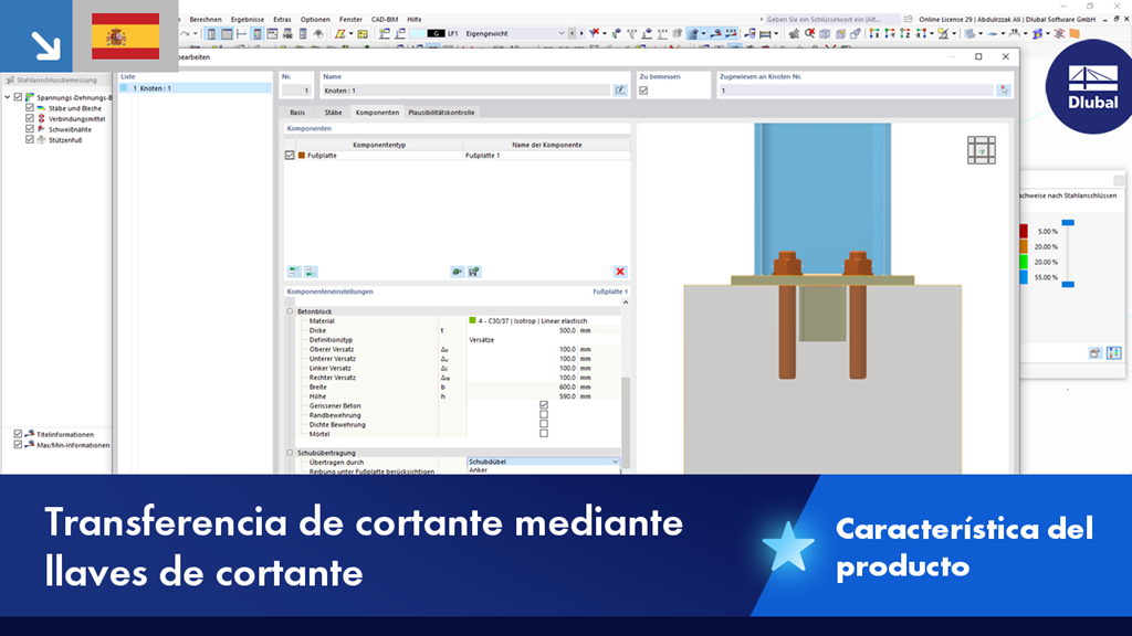 Visualización de la transmisión de corte mediante tacos cortantes en una estructura.