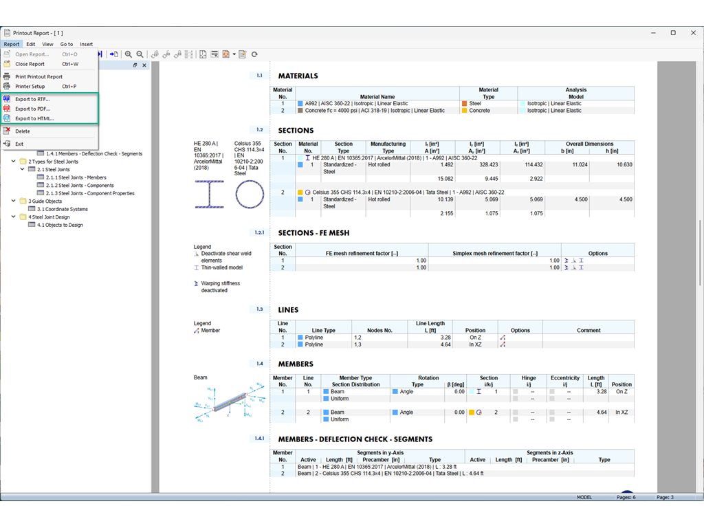 Ilustración de las opciones de exportación en formato RTF, PDF y HTML de un informe