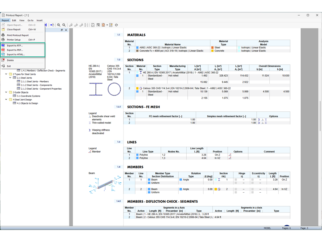 Ilustración de las opciones de exportación en formato RTF, PDF y HTML de un informe