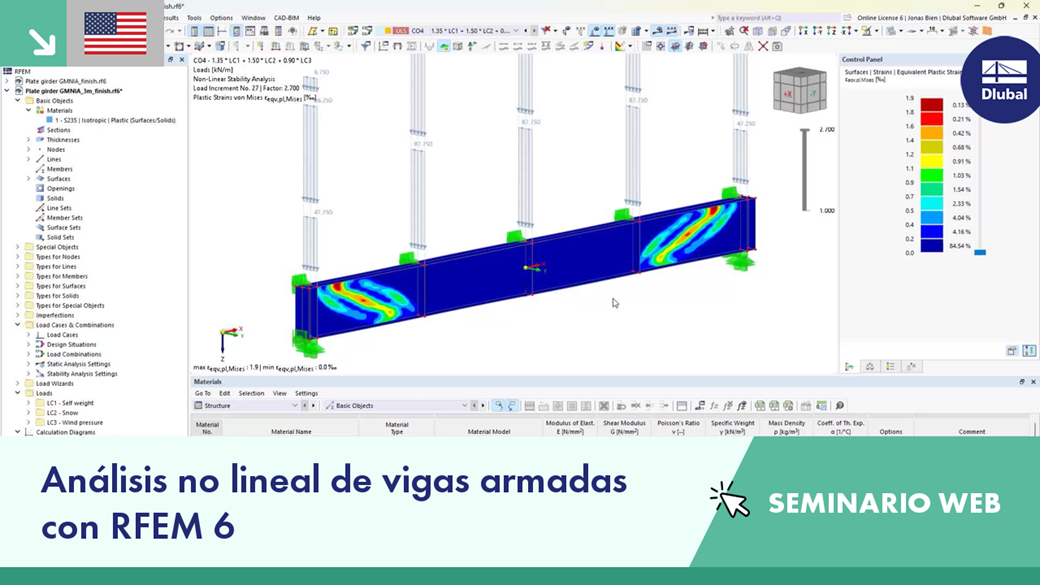 Captura de pantalla de un seminario web sobre análisis no lineal de vigas de placas utilizando herramientas de software RFEM 6