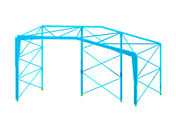 Pórtico estructural de una nave de acero con análisis de carga, revestimiento de cubierta y muros, pórtico transversal principal y elementos de soporte.