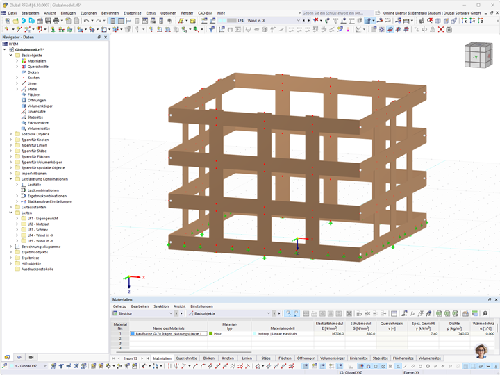 Visualisierung eines hölzernen Mehrfach-Rahmenmodells in RFEM Software.