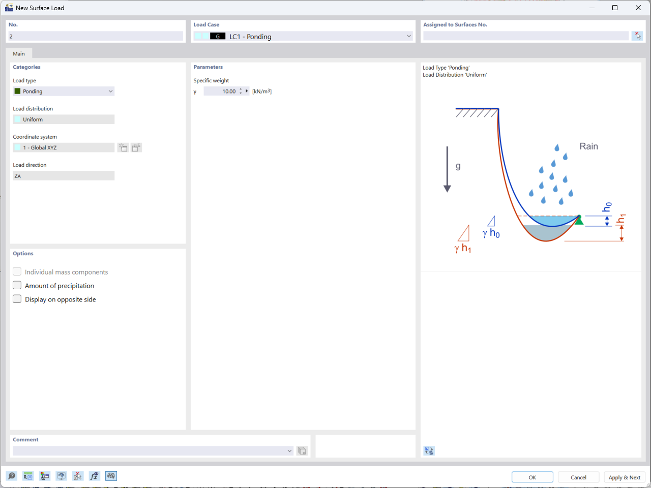 El cuadro de diálogo para definir cargas de acumulación de agua en RFEM 6 ofrece opciones de entrada para que los ingenieros especifiquen y ajusten escenarios de acumulación de agua en sus modelos de análisis estructural.