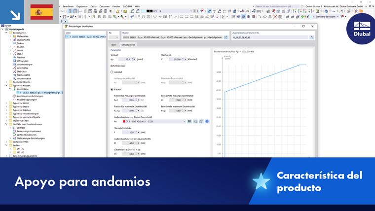 Representación de un andamio modular con especificaciones técnicas y detalles.