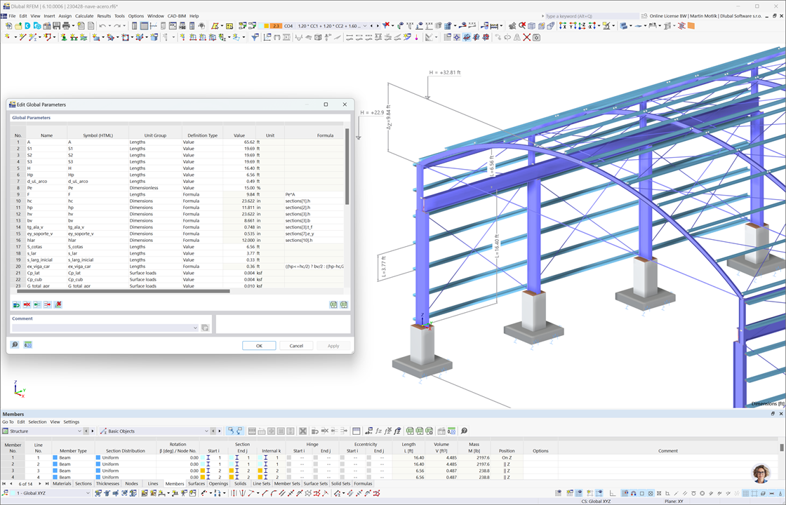 Modelo 3D de una estructura de nave de acero creado mediante modelado paramétrico en RFEM 6.