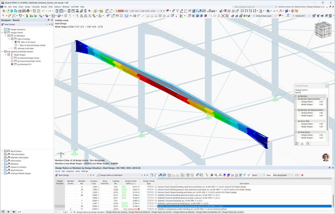 Visualización gráfica de la forma del modo crítico para pandeo lateral por torsión en análisis estructural