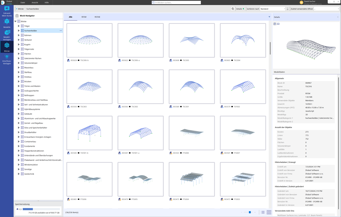 Visualización de la administración central de proyectos y modelos en el Dlubal Center con detalles e información gráfica.