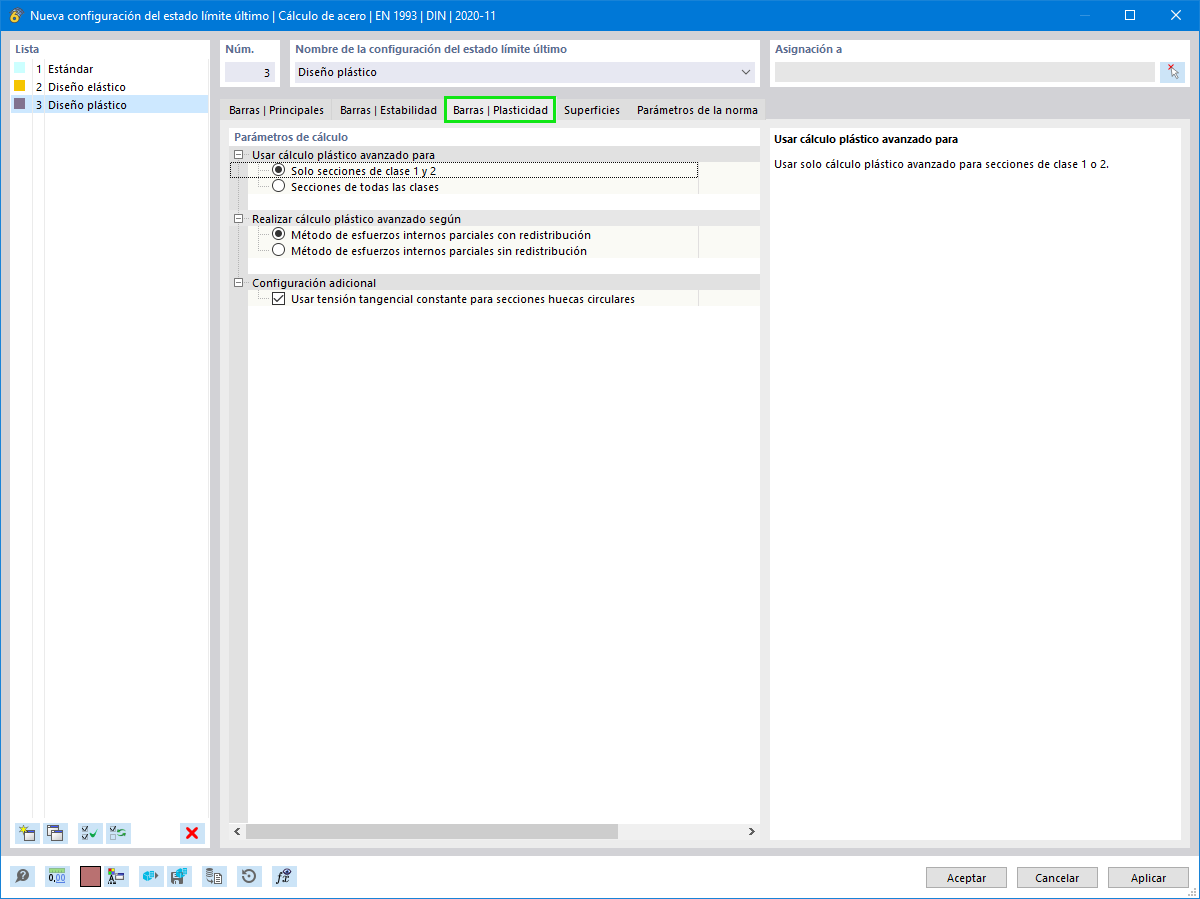 Opciones para análisis plásticos basados ​​en esfuerzos internos parciales según el Eurocódigo 3