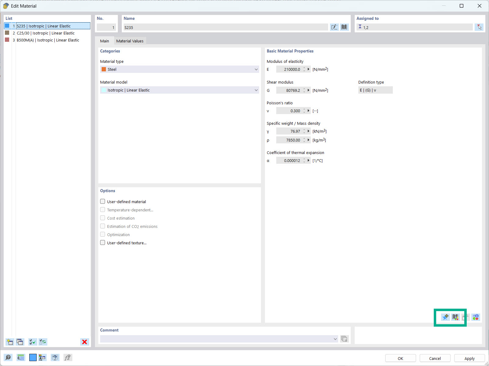 Interfaz de usuario para introducción de datos de material personalizados en software estructural