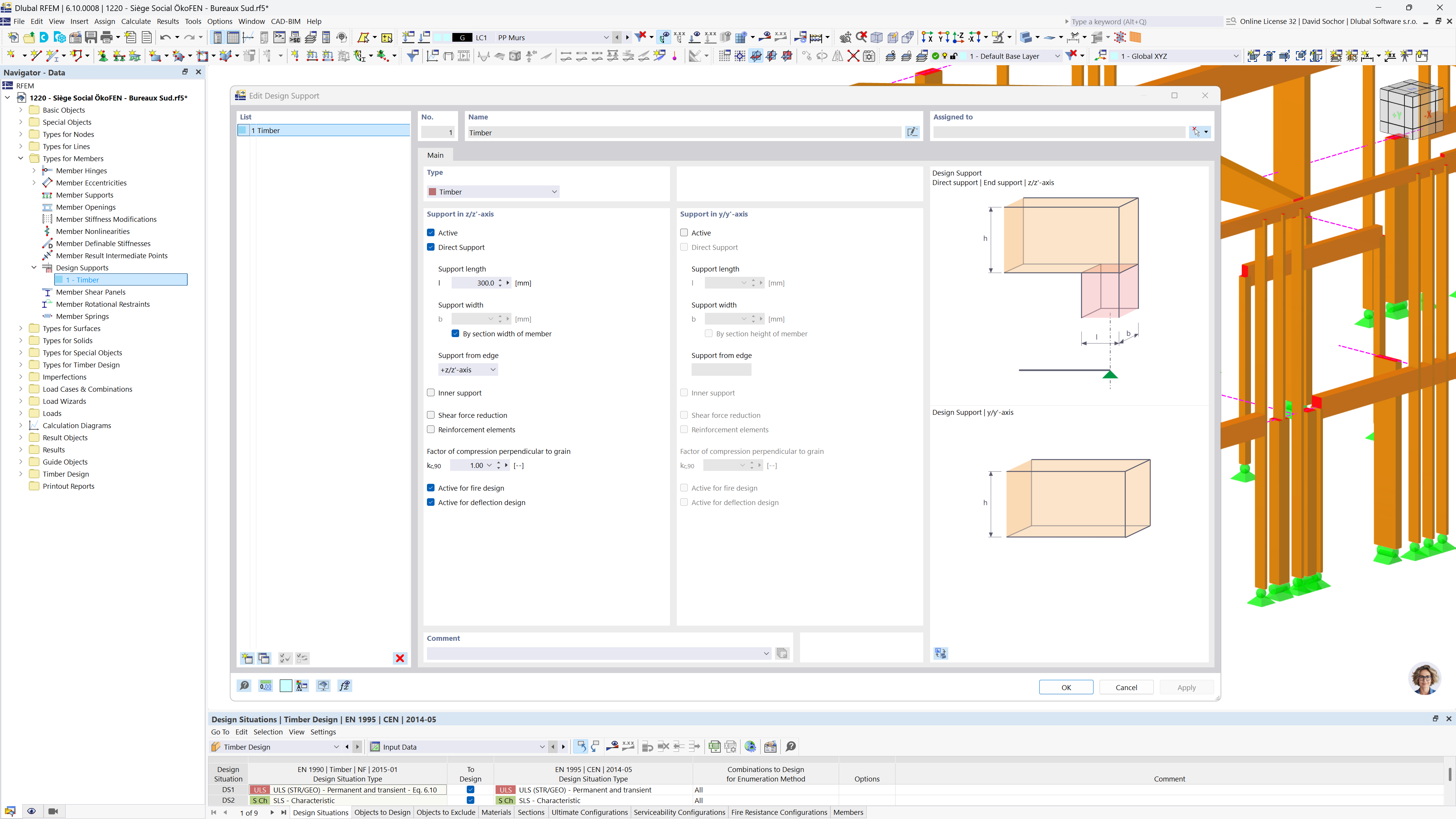 Cuadro de diálogo que muestra la configuración de compresión en apoyos para el cálculo de madera, incluidas opciones para puntos de carga en direcciones y ajustes de factores.