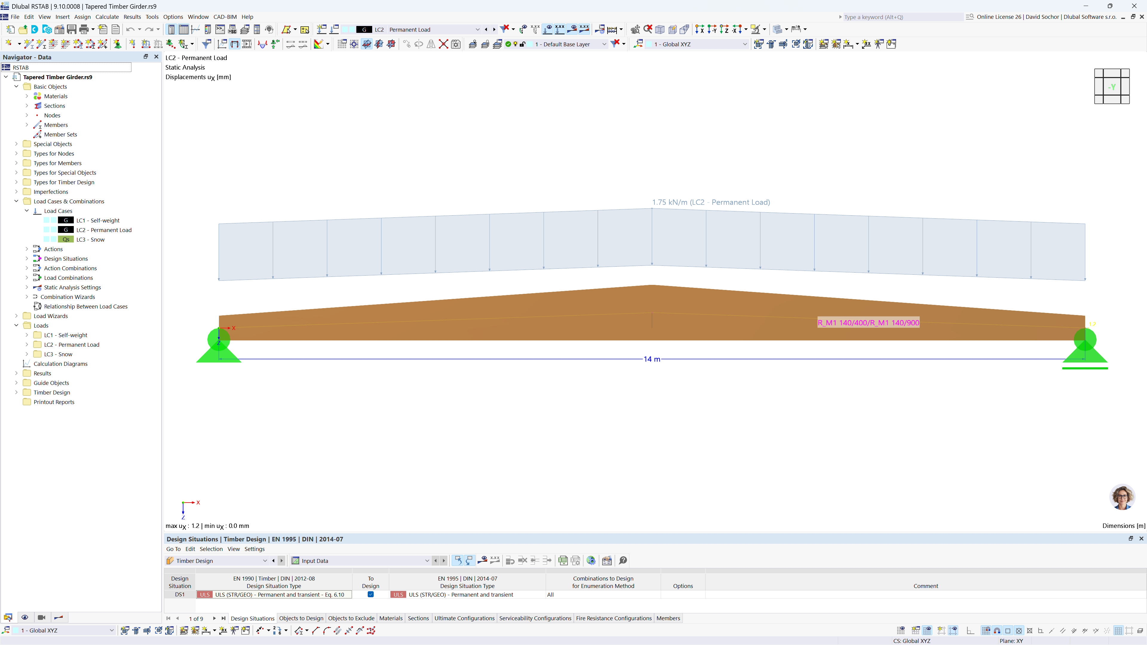 Viga de madera de sección variable mostrando propiedades geométricas y diseño estructural en la ingeniería.