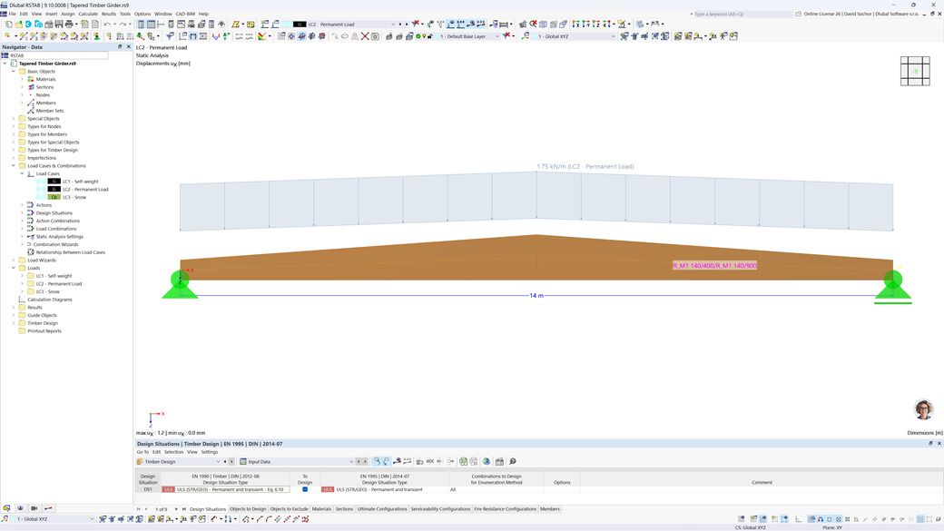 Viga de madera de sección variable mostrando propiedades geométricas y diseño estructural en la ingeniería.