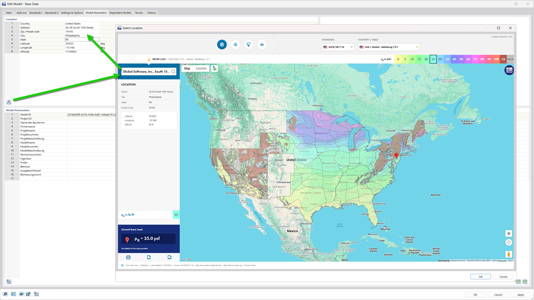 Interfaz de mapas digitales que muestra la ubicación de la obra e importa automáticamente datos relacionados con las cargas, incluidas las zonas de nieve, viento y sismos.