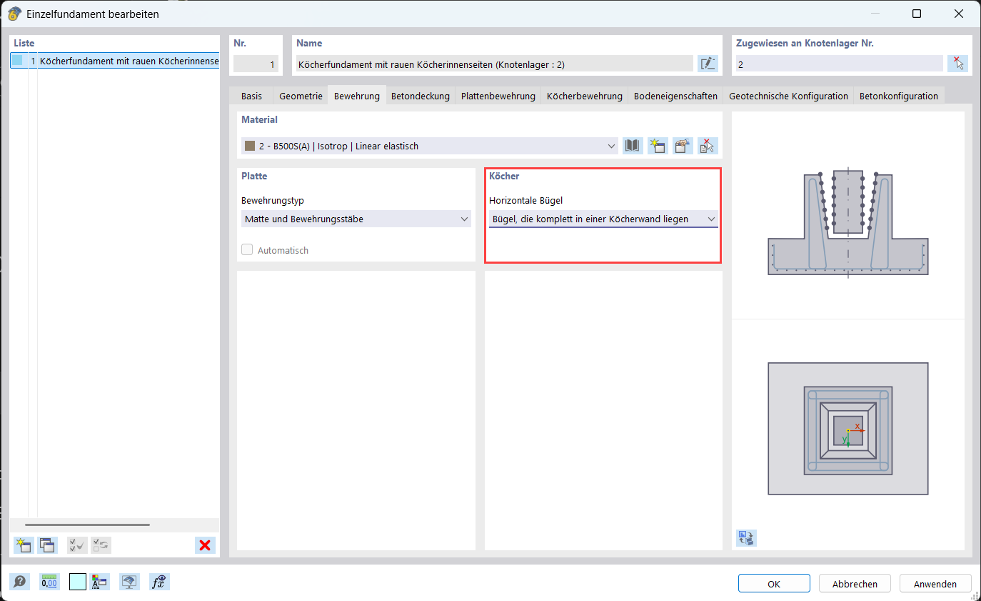 Vista detallada de la configuración de armaduras para una cimentación en dado en una interfaz de software CAD.