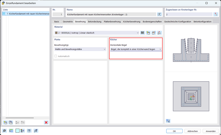 Vista detallada de la configuración de armaduras para una cimentación en dado en una interfaz de software CAD.