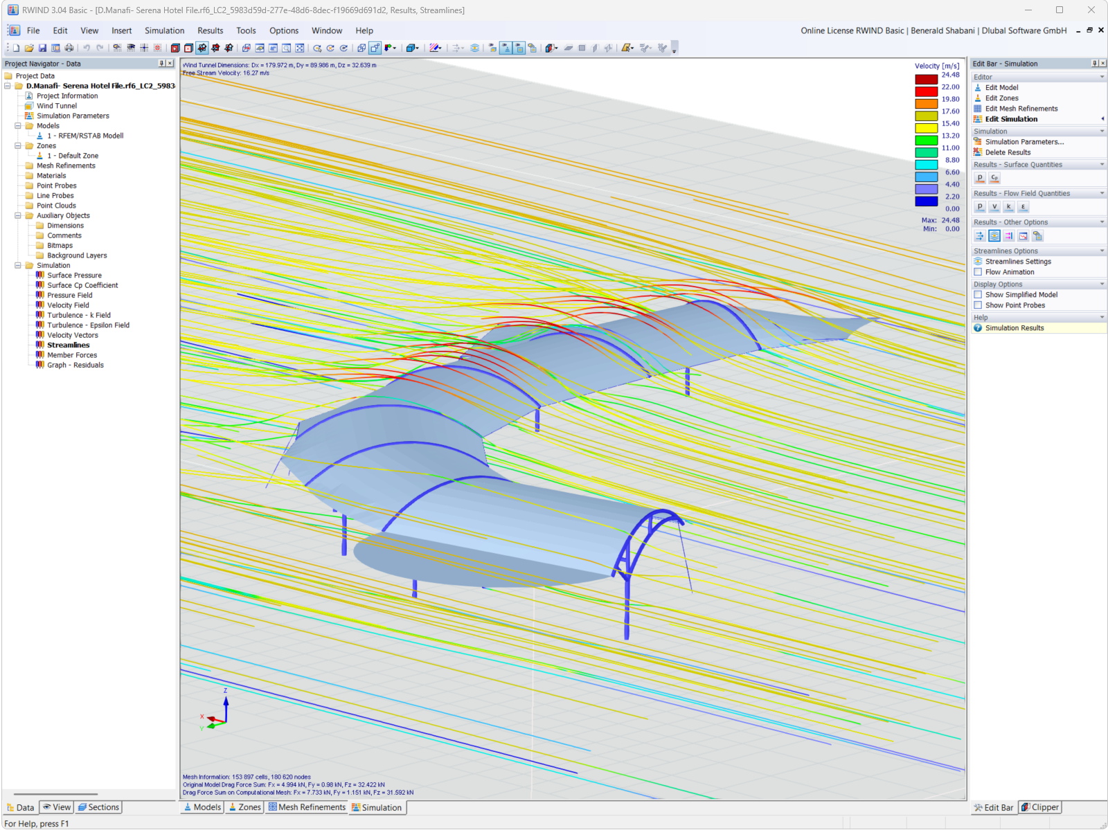 Visualización de carga de viento en una estructura de membrana, mostrada en un análisis CFD.