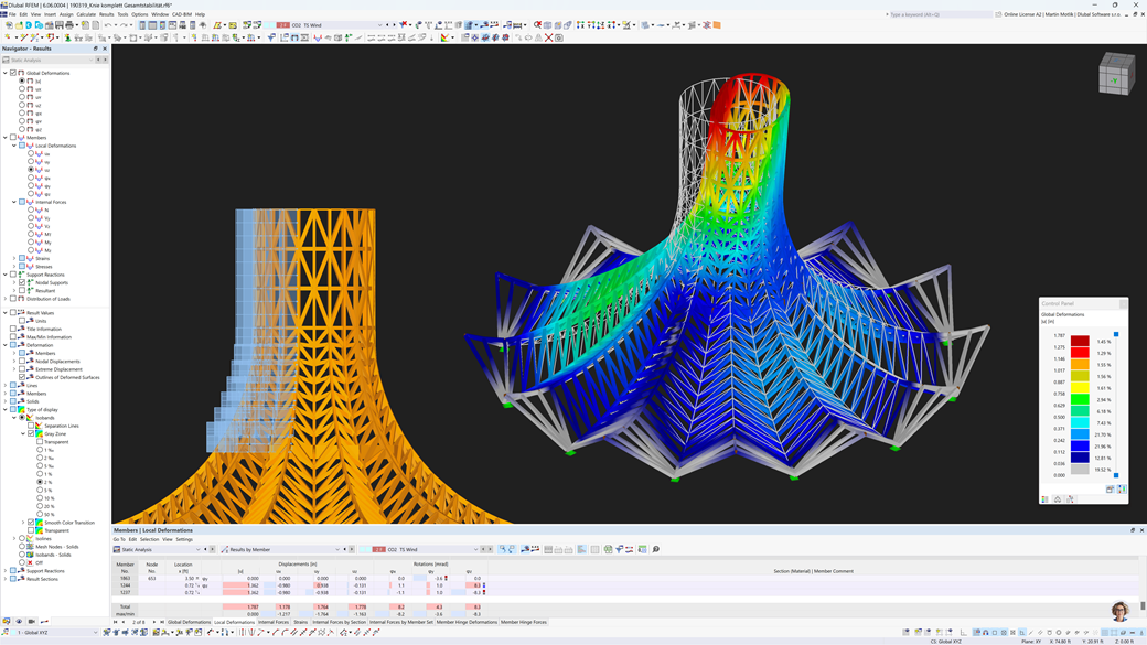 Visualización 3D de la deformación de una estructura de madera debido a las fuerzas del viento en el software RFEM 6 por Rapperswil, Suiza. © Ghisleni Partner AG.