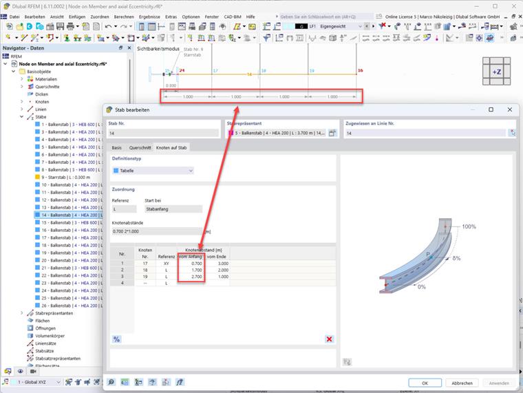 Después de la división de la barra, se mantiene la posición de los "Nudos en la barra". No es necesaria ninguna corrección.