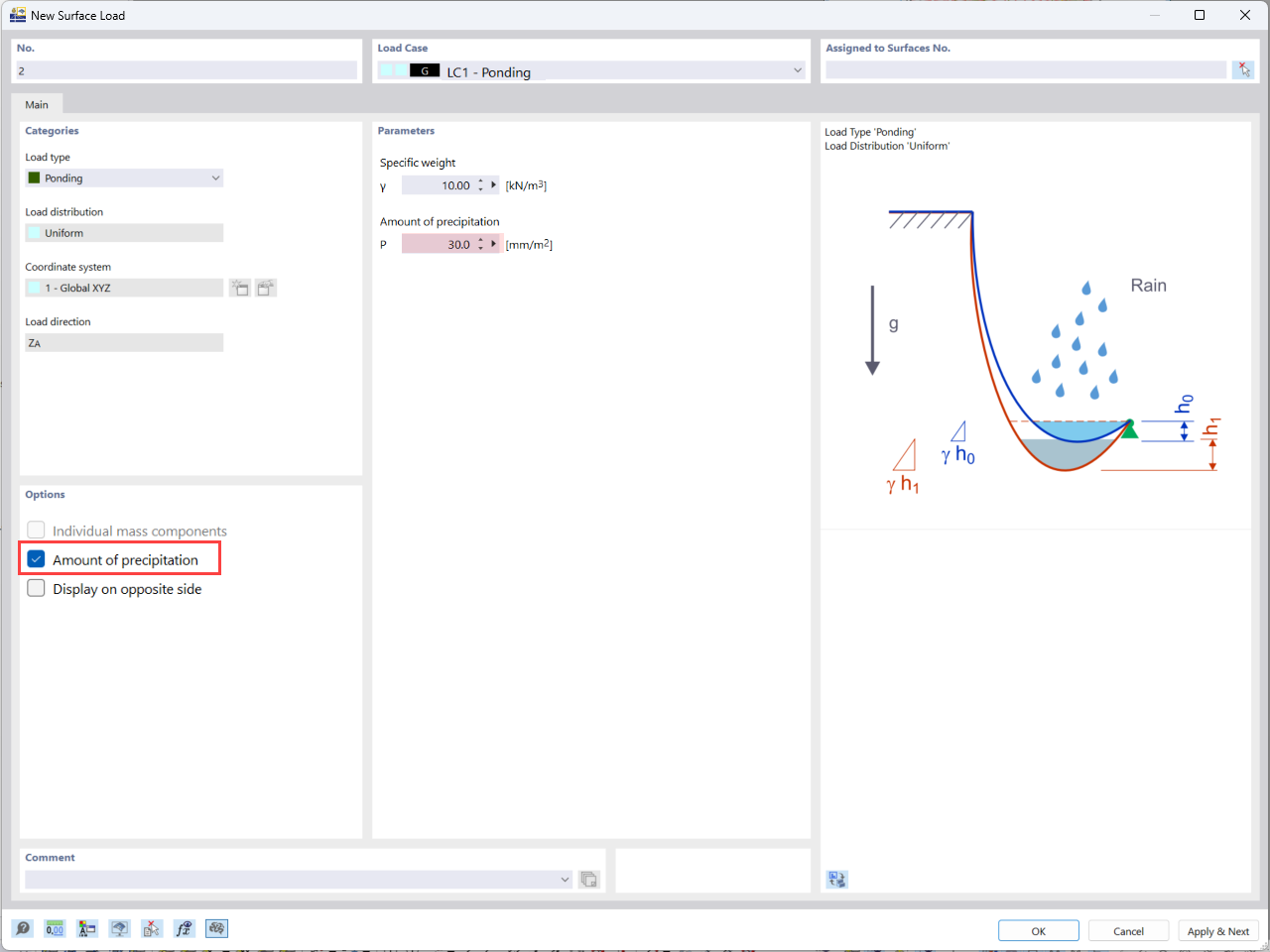 El cuadro de diálogo en RFEM 6 permite a los ingenieros establecer parámetros para cargas de estancamiento, crucial para modelar con precisión escenarios relacionados con precipitación.