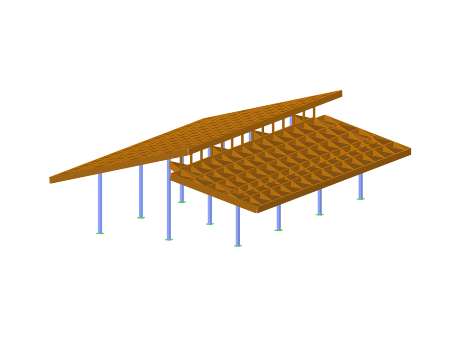 Estructura de cubierta de madera con pilares de acero delicados, diseño moderno de rejilla.