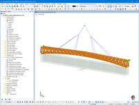 Modelo de análisis estructural de una pasarela en RFEM 6, mostrando detalles del levantamiento y la interacción entre componentes.