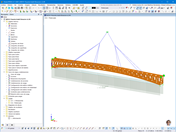 Modelo de análisis estructural de una pasarela en RFEM 6, mostrando detalles del levantamiento y la interacción entre componentes.