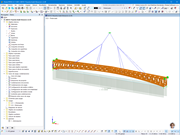 Modelo de análisis estructural de una pasarela en RFEM 6, mostrando detalles del levantamiento y la interacción entre componentes.