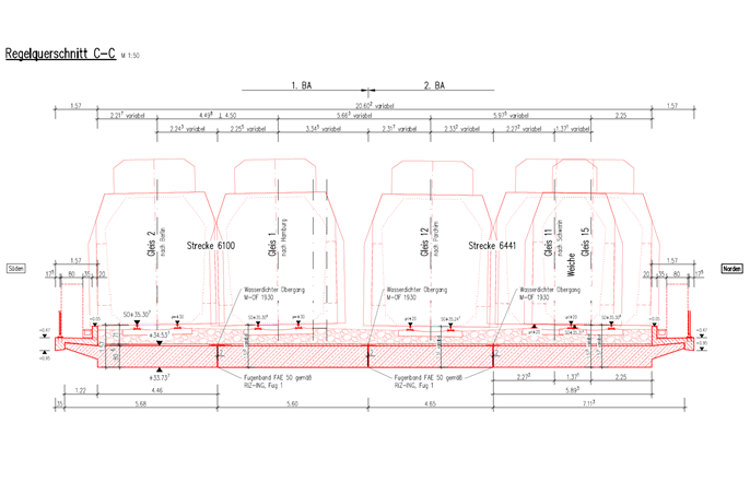 Dibujo técnico de la sección regular de un puente de Obermeyer Holding GmbH