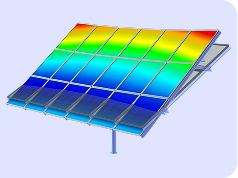 Modelo de estructura de soporte de acero para placas solares creado en RFEM 6, mostrando conexiones de unión detalladas y distribución de cargas.