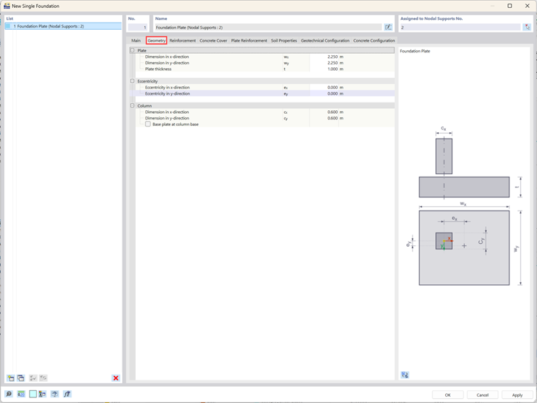 Definición de la geometría de una cimentación utilizando el complemento Cimentaciones de hormigón, ilustrando el proceso de configuración