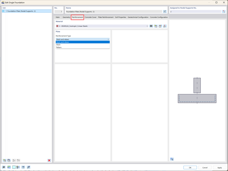 Configuración del tipo de armadura para una cimentación de hormigón utilizando el complemento de cimentaciones de hormigón, mostrando opciones de diseño