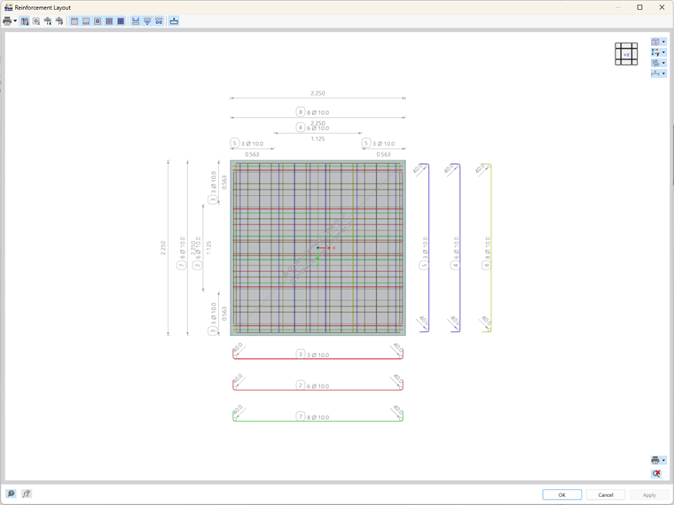 La imagen representa la disposición de armadura para una losa de cimentación utilizando el complemento Cimentaciones de hormigón, destacando los detalles estructurales de la armadura.