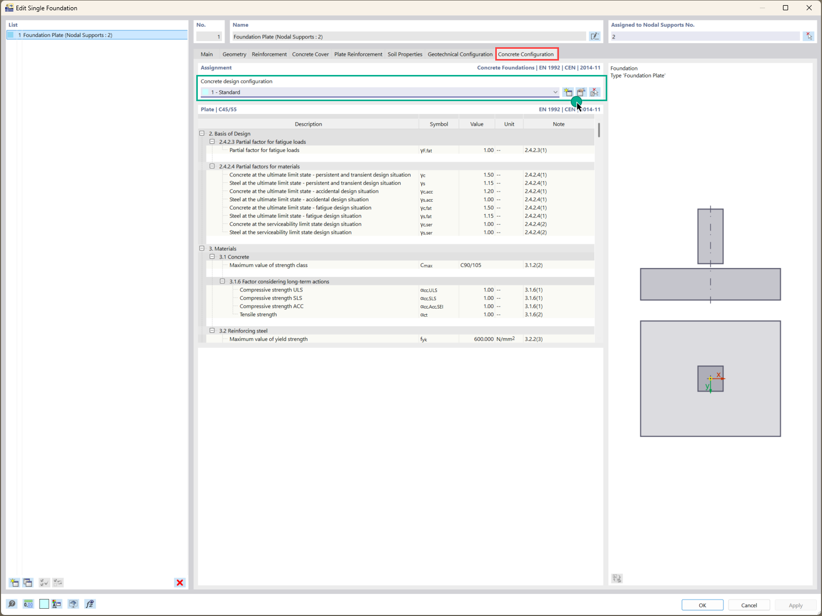 Vista general de la configuración de diseño de hormigón para cimentaciones empleando la funcionalidad del complemento del software.