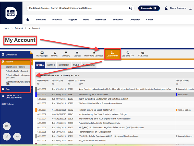 Captura de pantalla de la interfaz de usuario en la ExtranetDestacado de nuevas funciones y actualizaciones.