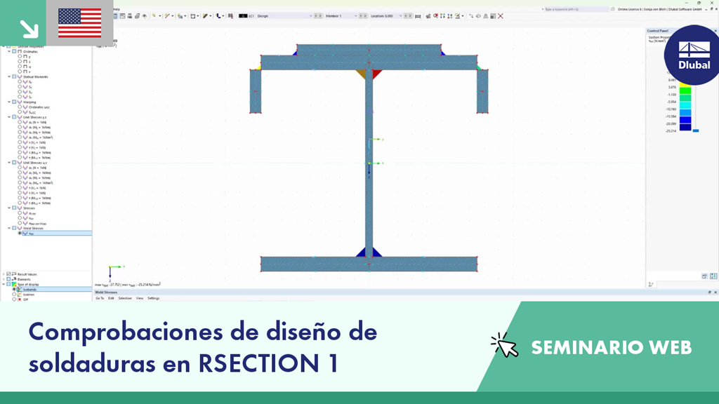 Diapositiva del seminario web de RFEM mostrando verificaciones de soldadura en RSECTION 1 enfocado en la validación y verificación de soldaduras.