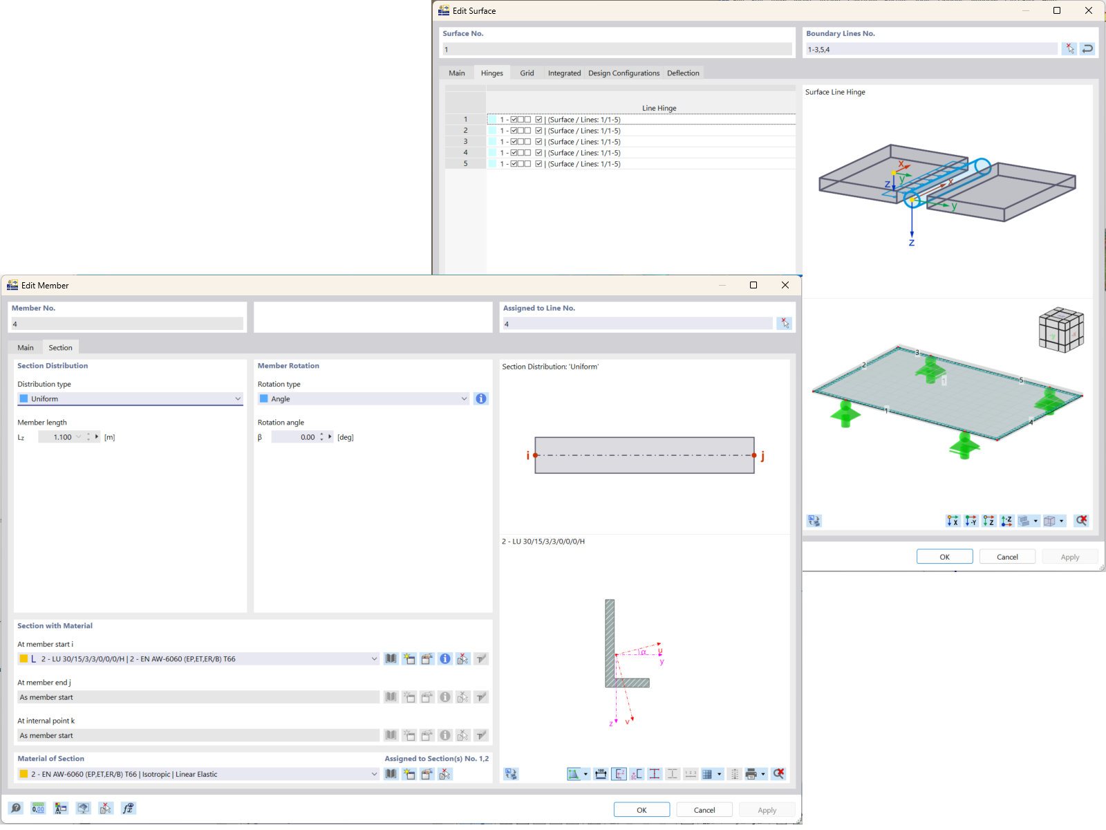 Rieles de aluminio que definen los elementos de borde del panel solar en el software RFEM 6.