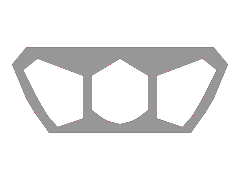 Un modelo paramétrico de sección transversal de viga cajón tricelular creado en RSECTION, mostrando la definición geométrica con nodos y líneas para el análisis estructural.
