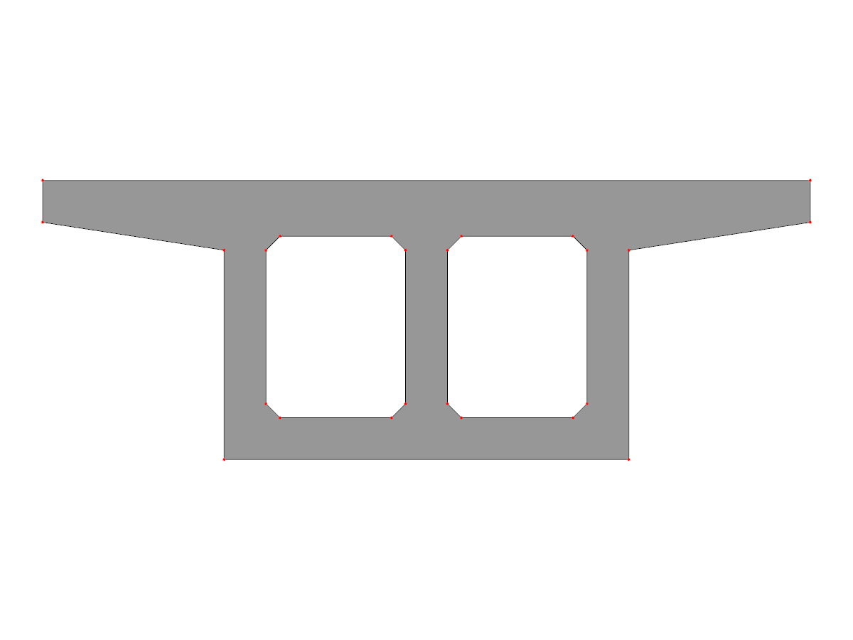 Un perfil de sección transversal de viga en cajón bicelular se modela en RSECTION utilizando un bloque paramétrico para definir la geometría de los huecos interiores.