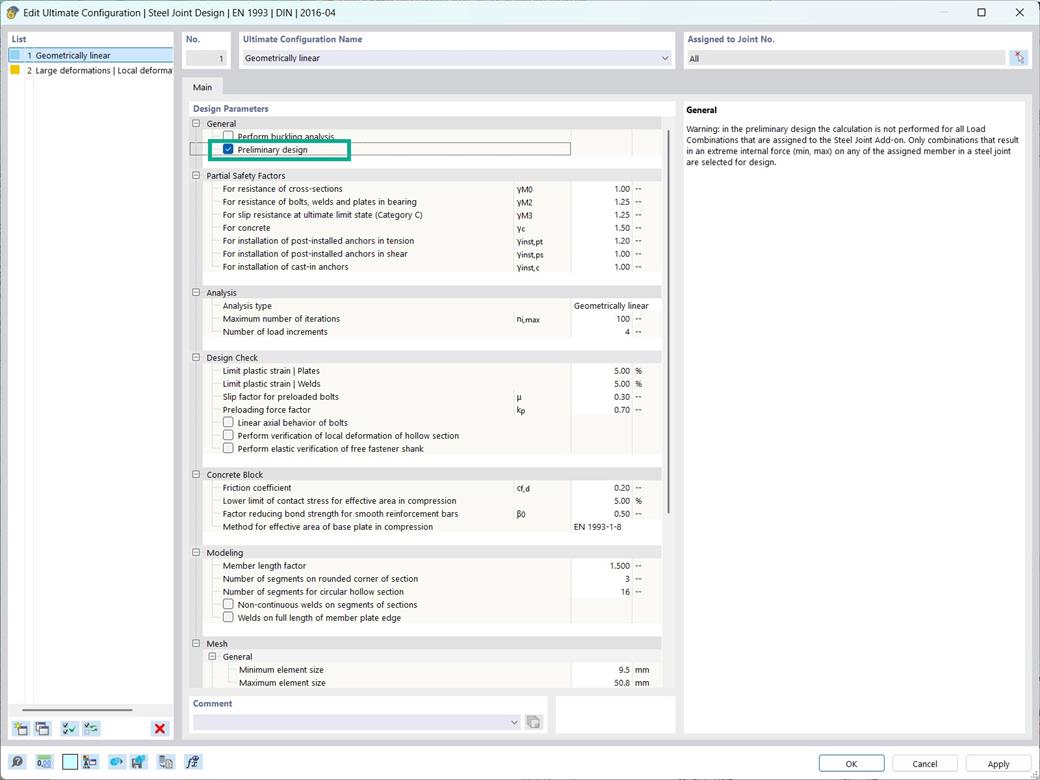 Opción de predimensionado para una unión de acero explícita en la configuración de resistencia.