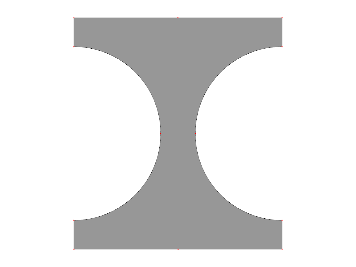 Representación geométrica de una sección transversal de viga de puente en forma de I con alas curvas y un alma central, definida por puntos de nudo para el análisis estructural.