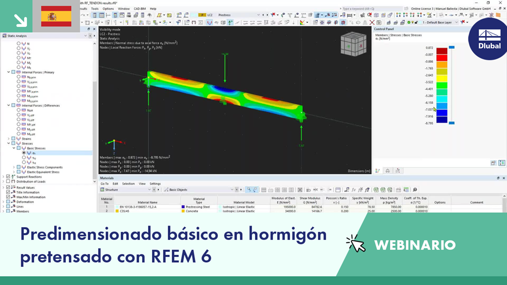 Interfaz de RFEM 6 mostrando herramientas para el predimensionado de estructuras en hormigón pretensado.