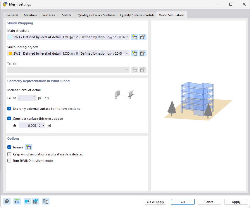 Cuadro de diálogo "Configuración de la malla", pestaña "Simulación de viento"