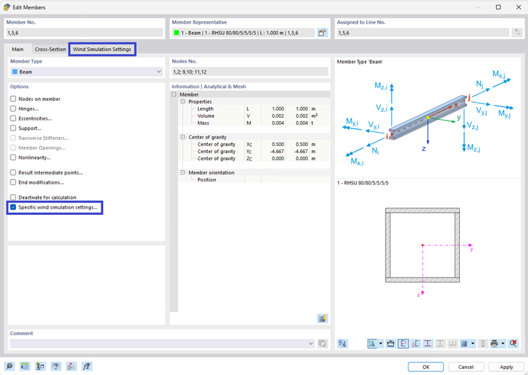Opción de configuración específica de simulación de viento en el cuadro de diálogo Editar barra