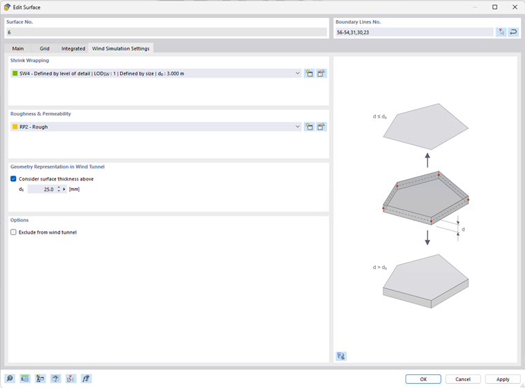 Pestaña de configuración específica de simulación de viento en el cuadro de diálogo Editar superficie