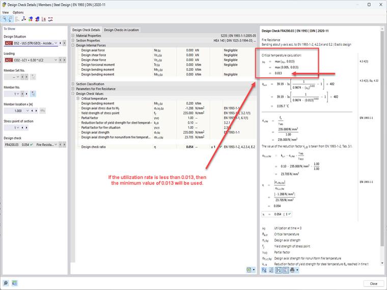 La imagen muestra la verificación del valor mínimo del razón de tensiones en RFEM 6 - complemento de Cálculo de acero, configuración de resistencia al fuego para la temperatura crítica del componente.