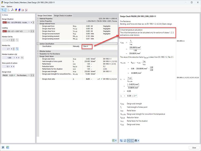 La imagen muestra la verificación de la clase de sección antes del cálculo de la temperatura crítica de un componente en RFEM 6 – Complemento de cálculo de acero, configuración de protección contra incendios.
